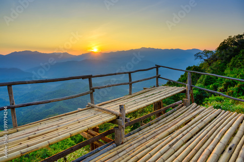 Sunset time with Bamboo terrace in front of Mountain View at Gloselo  Khun Yuam District  Mae Hong Son Province  Thailand