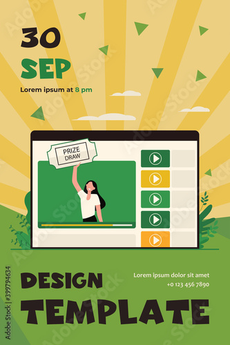 Blogger drawing prize for her followers. Video, communication, luck flat vector illustration. Lottery and social media concept for banner, website design or landing web page