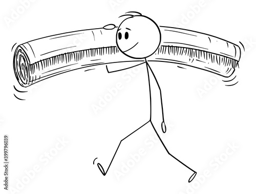 Vector cartoon stick figure illustration of man carrying and holding carpet on his shoulder.
