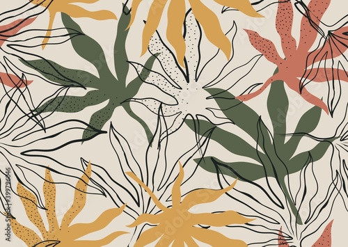 Seamless pattern with abstract flowers and leave. Creative floral surface design. Vector background.