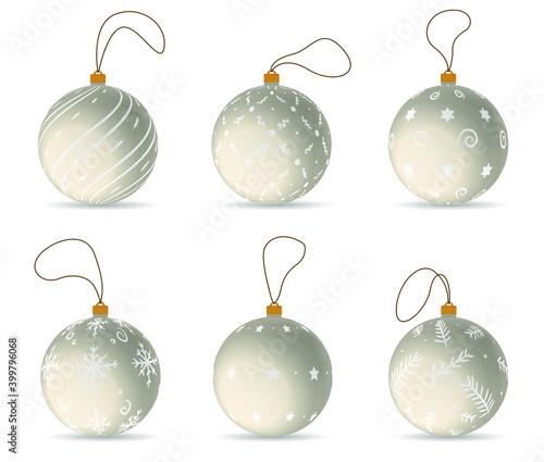 Christmas white balls set isolated on white background. Decorations for christmas three. Winter holidays and celebrations concept. Vector illustration