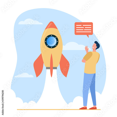 Happy man watching launch of rocket. Project, sky, engine flat vector illustration. Startup and exploration concept for banner, website design or landing web page