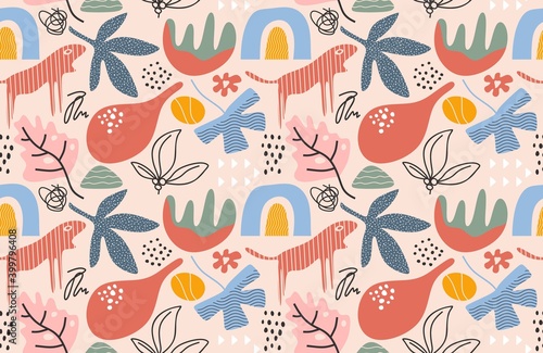 Cute trendy motley seamless pattern with abstract organic shapes nature elements  vector illustration in simple flat style