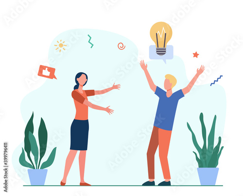 Cheerful man sharing new idea with friend. Bulb, like, approval flat vector illustration. Socialization and communication concept for banner, website design or landing web page