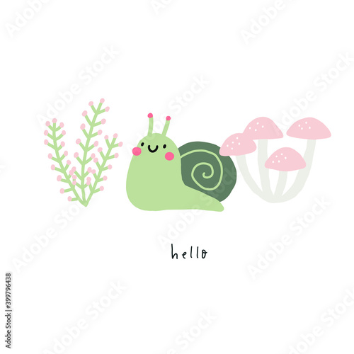 Cute cartoon insects worm snail in forest. Kawaii flat insects, leaves, fruits, bends in the garden