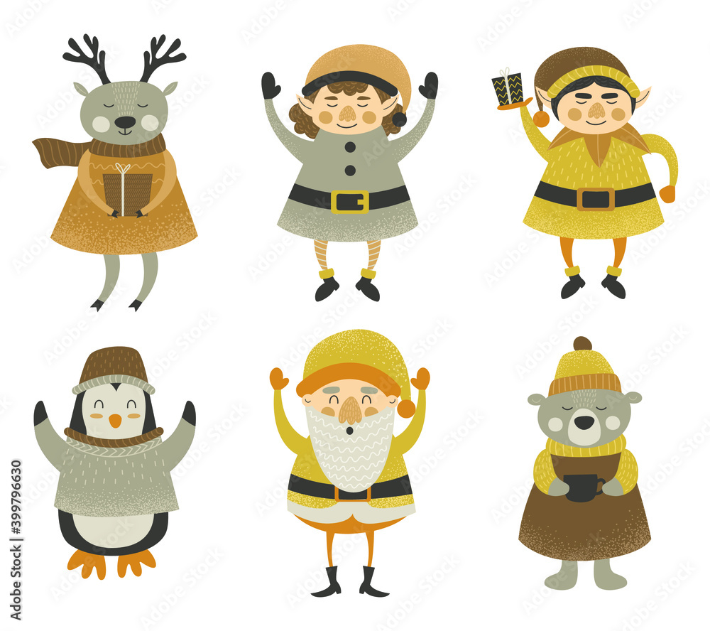 Christmas characters elfs, santa, deer, bear, penguin, snowman. Merry Christmas design set with funny characters and symbols. Cute cartoon forest elements. Vector illustration