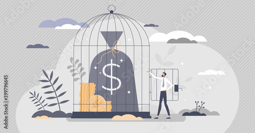 Economic lockdown as financial prison cage metaphor flat tiny persons concept