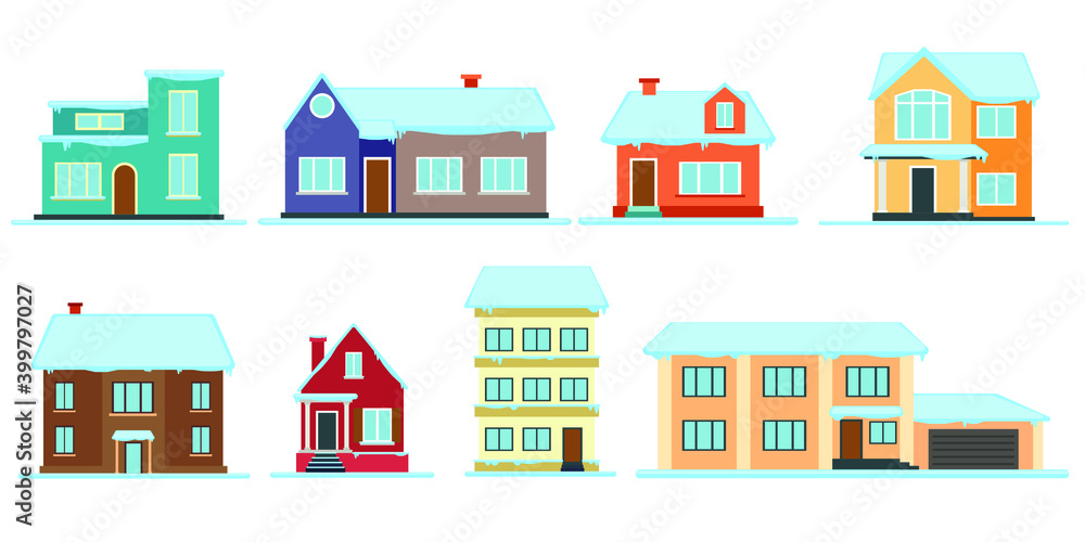 Winter christmas house, snow covered decorated building. Cozy, fabulous, colorful houses with smoking chimneys, in a snow-covered town. Cosy house decorated for Christmas. Vector illustration