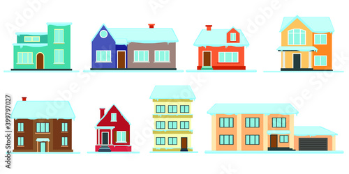 Winter christmas house, snow covered decorated building. Cozy, fabulous, colorful houses with smoking chimneys, in a snow-covered town. Cosy house decorated for Christmas. Vector illustration