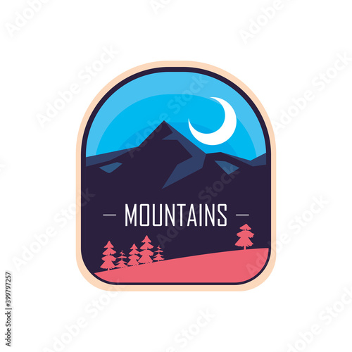 mountains with moon and pine trees landscape label vector design