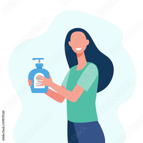 Smiling woman holding bottle with sanitizer. Virus, pandemic, health flat vector illustration. Disinfection and hygiene concept for banner, website design or landing web page