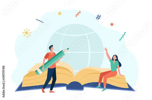 Tiny happy characters in front of giant book. Pencil, globe, worldwide flat vector illustration. Education and study concept for banner, website design or landing web page