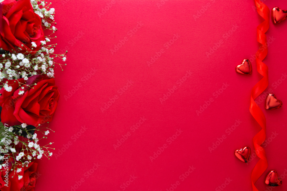 Valentine's day mock up with gypsophila, red ribbon and hearts isolated on red background. Copy space. Valentine's day mock up with gypsophila, red ribbon and hearts isolated on red background. Copy space.