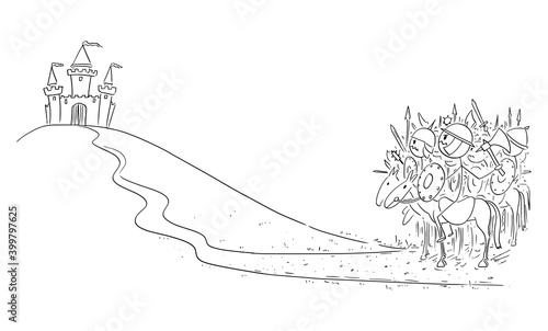 Vector cartoon stick figure illustration of army of medieval or ancient marauders or raiders ready to attack a castle.
