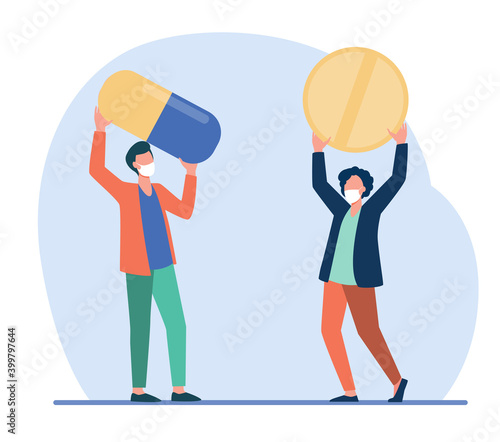 Two tiny guys in masks holding giant pills. Coronavirus, pandemic, drug flat vector illustration. Medicine and healthcare concept for banner, website design or landing web page