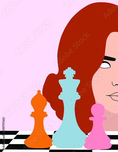red-haired girl on a pink background in front of the board with chess.