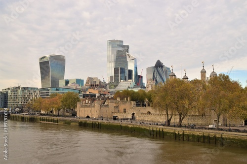 City of London skyline and Tower of London daytime panorama  United Kingdom 2020.