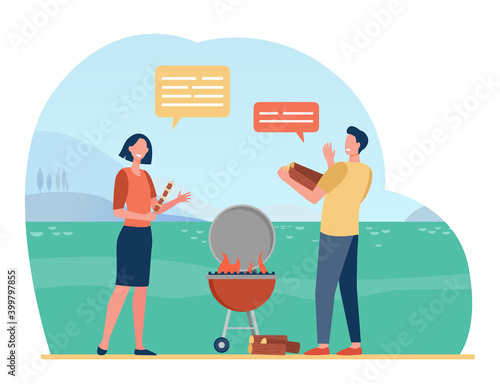 Cheerful couple cooking barbeque on nature and talking. BBQ, meal, picnic flat vector illustration. Summer activity and communication concept for banner, website design or landing web page