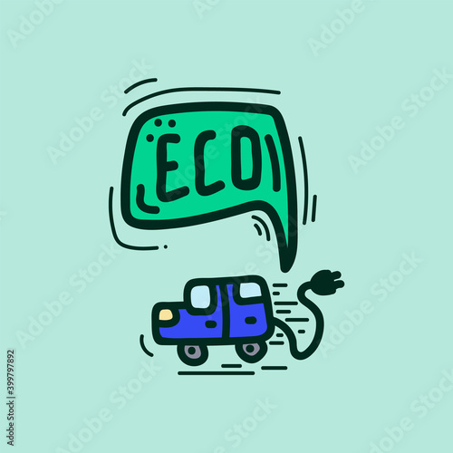 Cute Energy Saving character. natural energy sources of the icon. Karakul energy-Saving machine is running on battery power in color. illustration of a car drawn by hand with the inscription eco