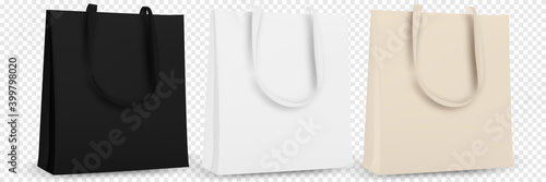 Black and white tote shopping bags. Textile tote bag for shopping mockup. Vector illustration isolated on white background.