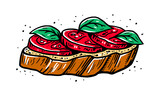 Hand drawn bruschetta illustration. Italian vegan snack with tomato and basil