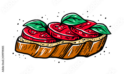 Hand drawn bruschetta illustration. Italian vegan snack with tomato and basil