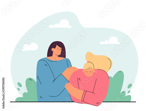 Friendship, help, empathy concept. Depressed unhappy person meeting with friend. Woman touching shoulder of her upset friend, giving comfort and listening to her
