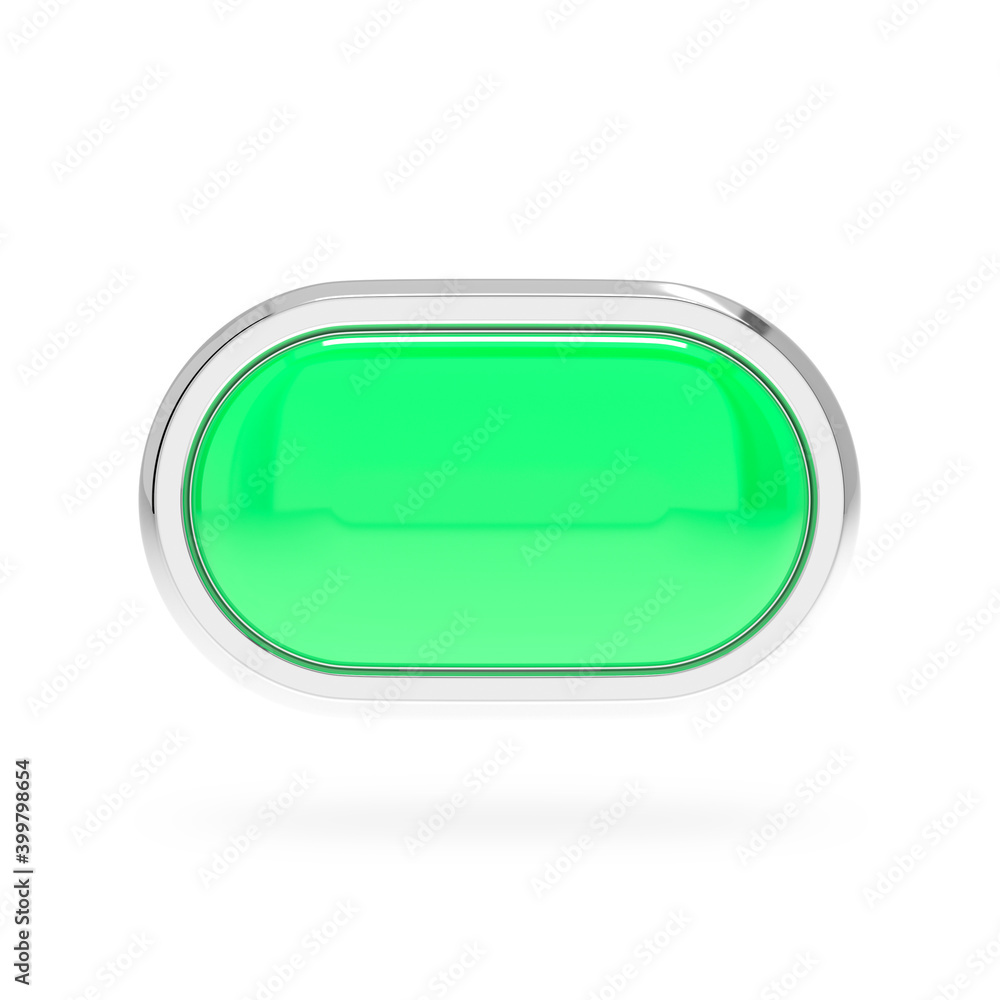 Green glass button with chrome frame. Web oval 3d icon Green glass button with chrome frame. Web oval 3d icon