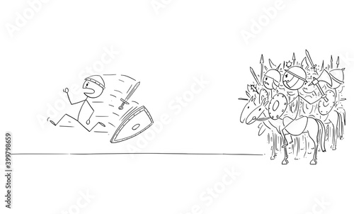 Vector cartoon stick figure illustration of knight or soldier running away in fear and panic from group or army of ancient or medieval horse riders, cavalry or marauders.
