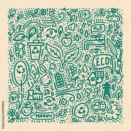 Energy-saving poster. The doodle line icon. renewable energy sources hand-drawn for environmentalists. cute banner recycling, solar energy, eco, bio, water, carbon, flowers and plants, nature. Vector