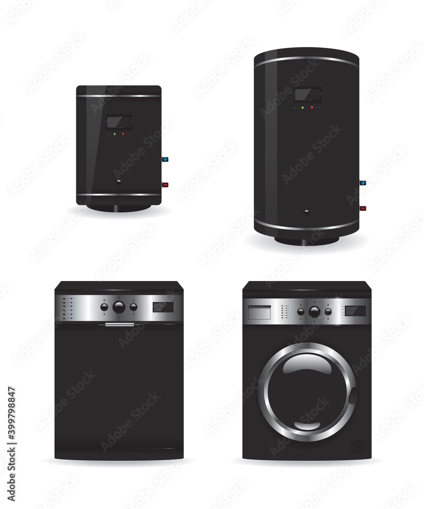 Set of black household appliances boiler and washing machine Set of black household appliances boiler and washing machine