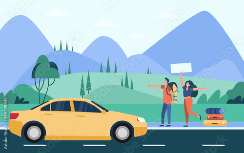 Happy couple of tourists with backpacks and camping stuff hitchhiking on road and thumbing yellow car. Mountain landscape. Vector illustration for travel, hiking, trekking, adventure concept