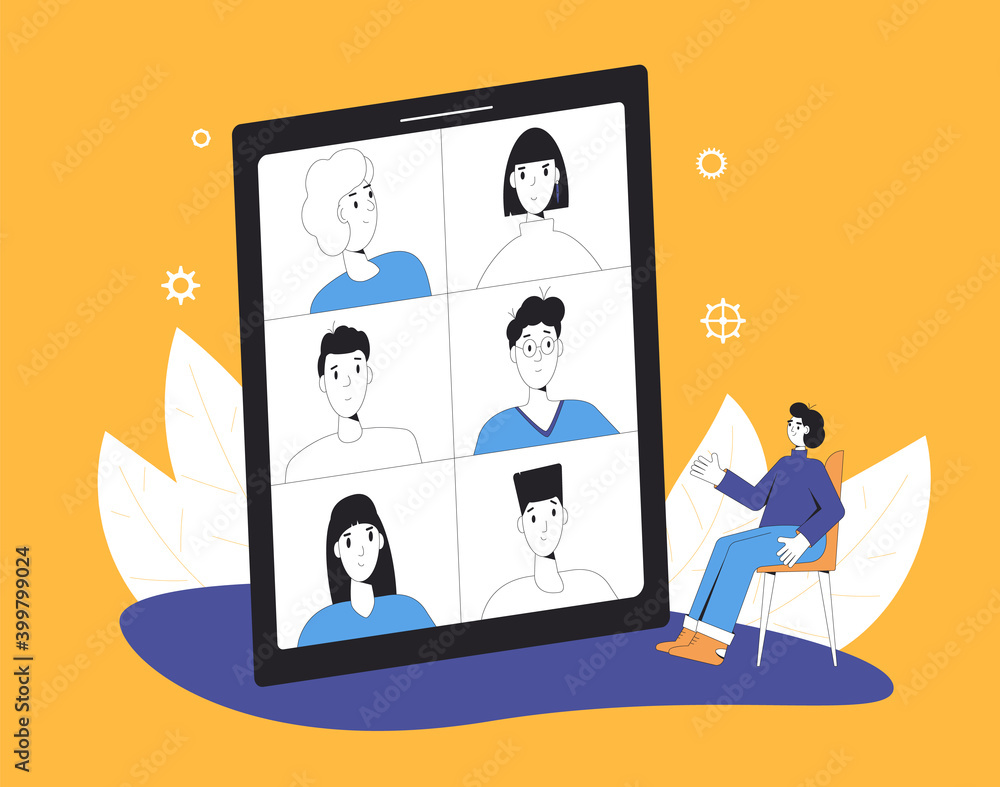 Video call conference. Online meeting. Digital communication. People talking to each other on tablet screen. Remote teamwork. Vector line art flat illustration.