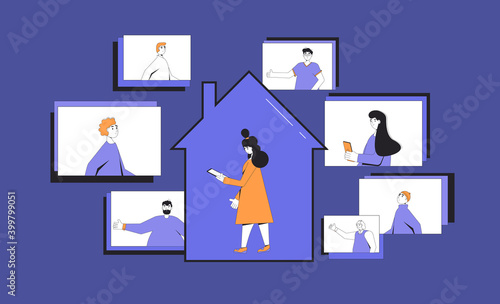Video call conference. Online meeting collegues. Digital communication. Female manager talking with her team from home. Remote teamwork. Vector color line art illustration.