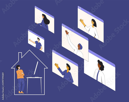 Video call conference. Online meeting collegues. Digital communication. Manager talking  with his team from home. Remote teamwork. Vector line art flat illustration.