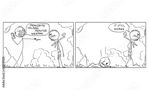 Vector cartoon stick figure illustration of modern western man, scientist or tourist mocking to native primitive man. Concept of understanding and underestimating. Comic strip.