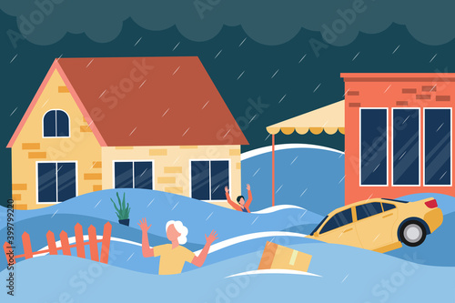 Shocked people waving hands and calling for help waist deep in water between houses, floating cars and boxes. Vector illustration for water flood, tsunami, natural disaster, emergency concept