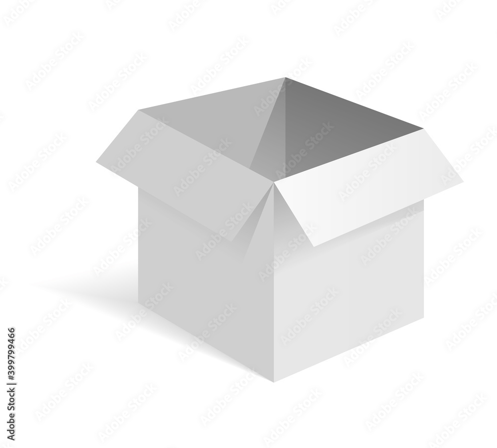 Opened white paper box. White mockup. Side view. 3d isometric illustration isolated on white background. Opened white paper box. White mockup. Side view. 3d isometric illustration isolated on white background.