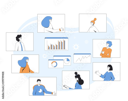 Online meeting collegues. Digital communication. Coworkers talking to each others about new project. Remote teamwork. Vector color line art illustration.