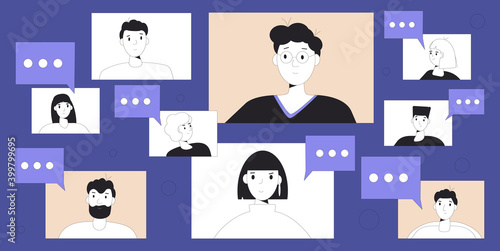 Video call conference. Online meeting. Digital communication. People talking to each other on internet. Remote teamwork or learning. Vector color line art illustration.