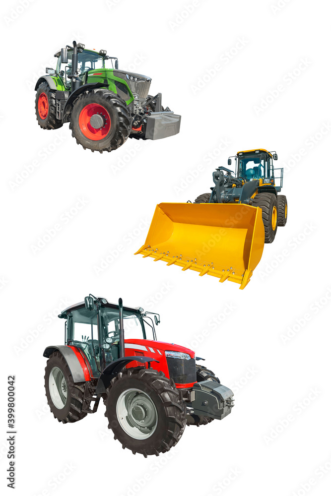 Obraz premium Front loaders for use in various areas of modern production. Isolated on white