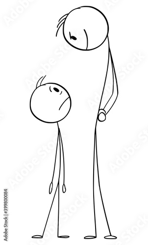 Vector cartoon stick figure illustration of frustrated man looking in fear looking at menacing or threatening dangerous man.