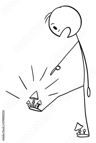 Vector cartoon stick figure illustration of shocked man looking at his feet infected by fungal skin infection or mycosis.