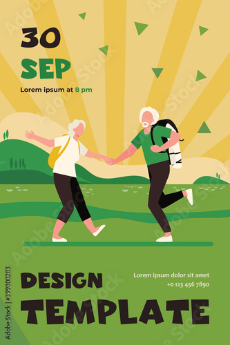 Aged people with bagpacks dancing together in meadow. Nature, trip. Flat vector illustration. Traveling concept can be used for presentations, banner, website design, landing web page