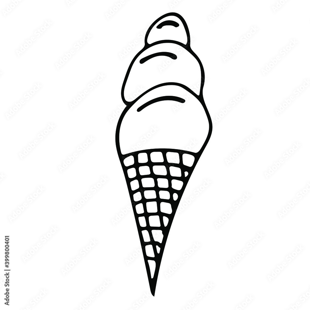 Single-element hand-drawn ice cream icon in a waffle cone. Vector illustration of doodles for cafes and restaurants, cute postcards and culinary design.