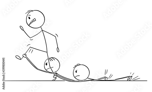 Vector cartoon stick figure illustration of man or businessman walking hard on his way to success but is slowed down by his coworkers, team or competitors.