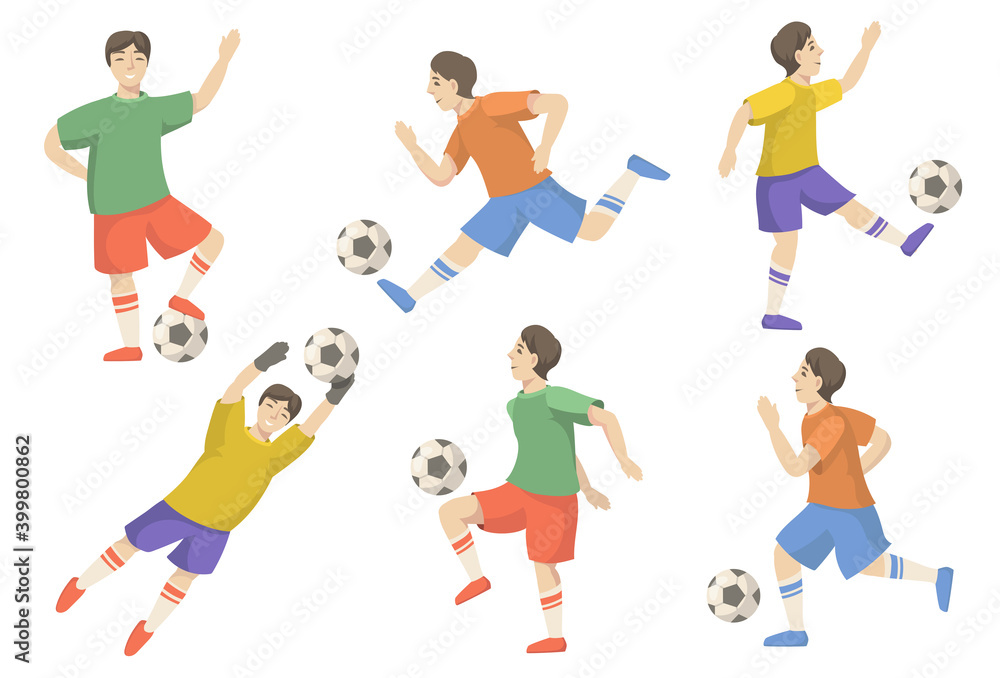 Cheerful soccer players flat illustration set. Cartoon goalkeeper, defender, midfielder and forward isolated vector illustration collection. Football and sport game concept