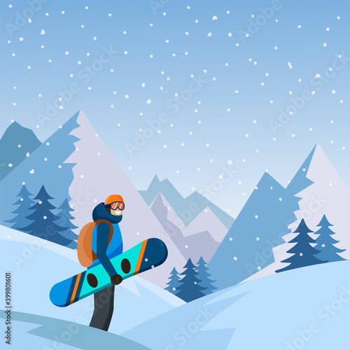 A man with a snowboard on the mountain landscape background.Snowboarding. Extreme sport activities, winter vacation. Cartoon Style Vector Illustration