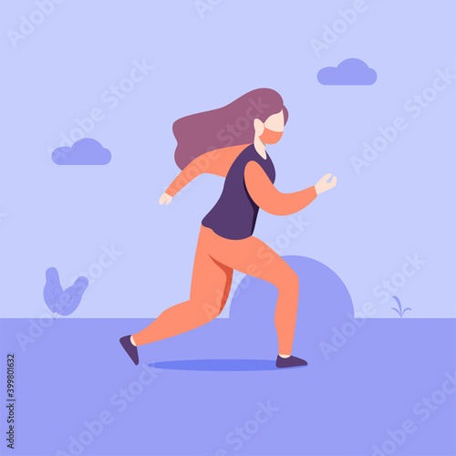 Vector illustration. woman running or jogging in outdoor wearing a mask, Happy man training outdoor. Sports activity, healthy lifestyle.  modern flat people character. © OrinoGram.Std