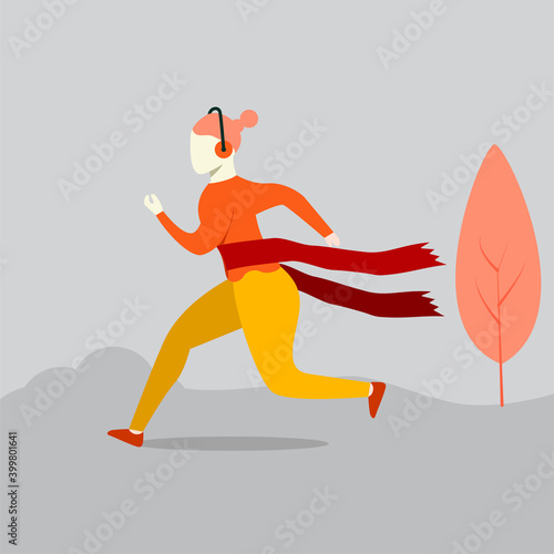 Vector illustration. female runners cross the finish line wearing a headset, marathon illustration. break down the finish rope modern flat people character.